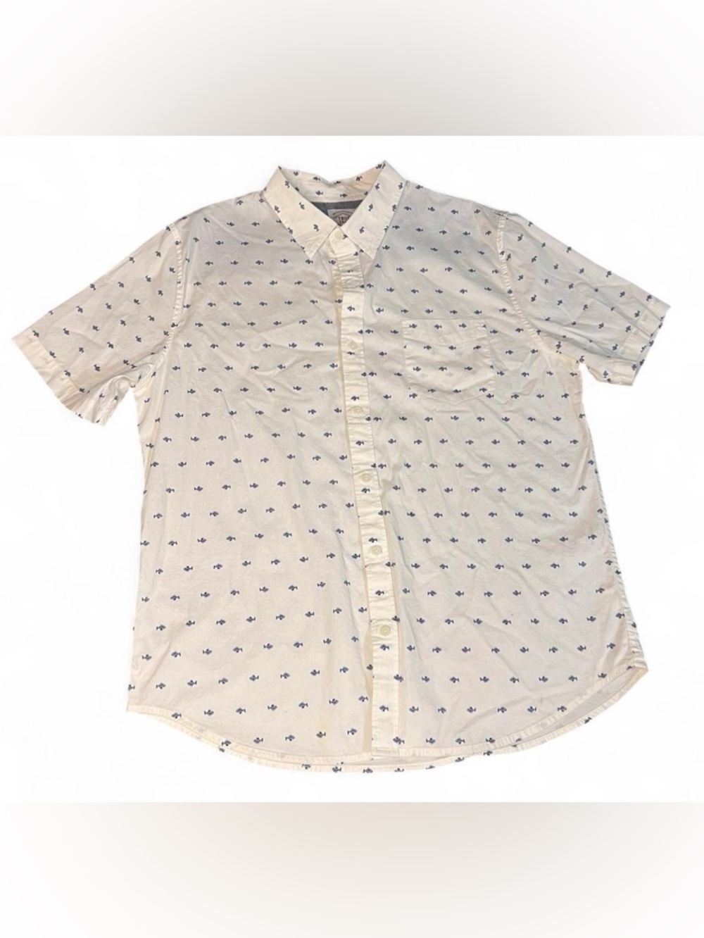True Craft Men's Cream Button-Down Shirt‎ with Navy fish Print Size Large